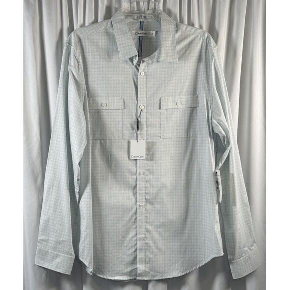 Calvin Klein NWT Plaid Cotton Flap Pocket Shirt White Blue L sustainable 77-16 - Picture 14 of 14